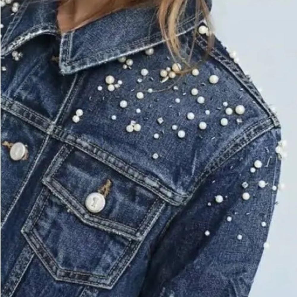 Anthropologie Pilcro Pearled Denim Trucker Jacket Size Medium